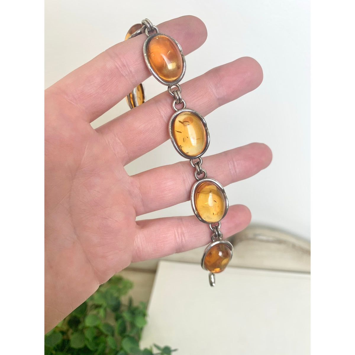 Vintage 925 Sterling Silver Amber Bracelet Six Stone Oval Link Jewelry Boho Southwestern