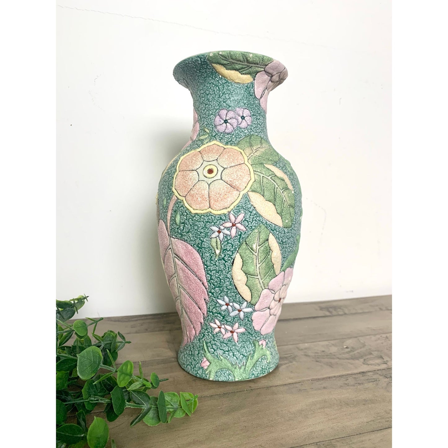 Vintage Chinese High-Relief Textured Ceramic Vase Floral & Fruit Chinoiserie 12"