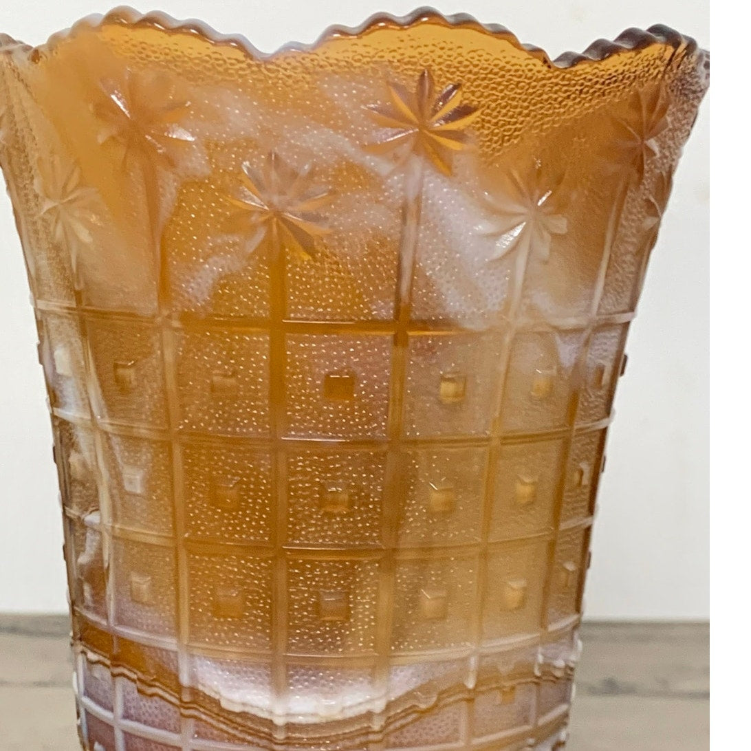 Vintage Imperial Glass Amber Slag Glass Vase Marbled Swirl Mid Century Scalloped