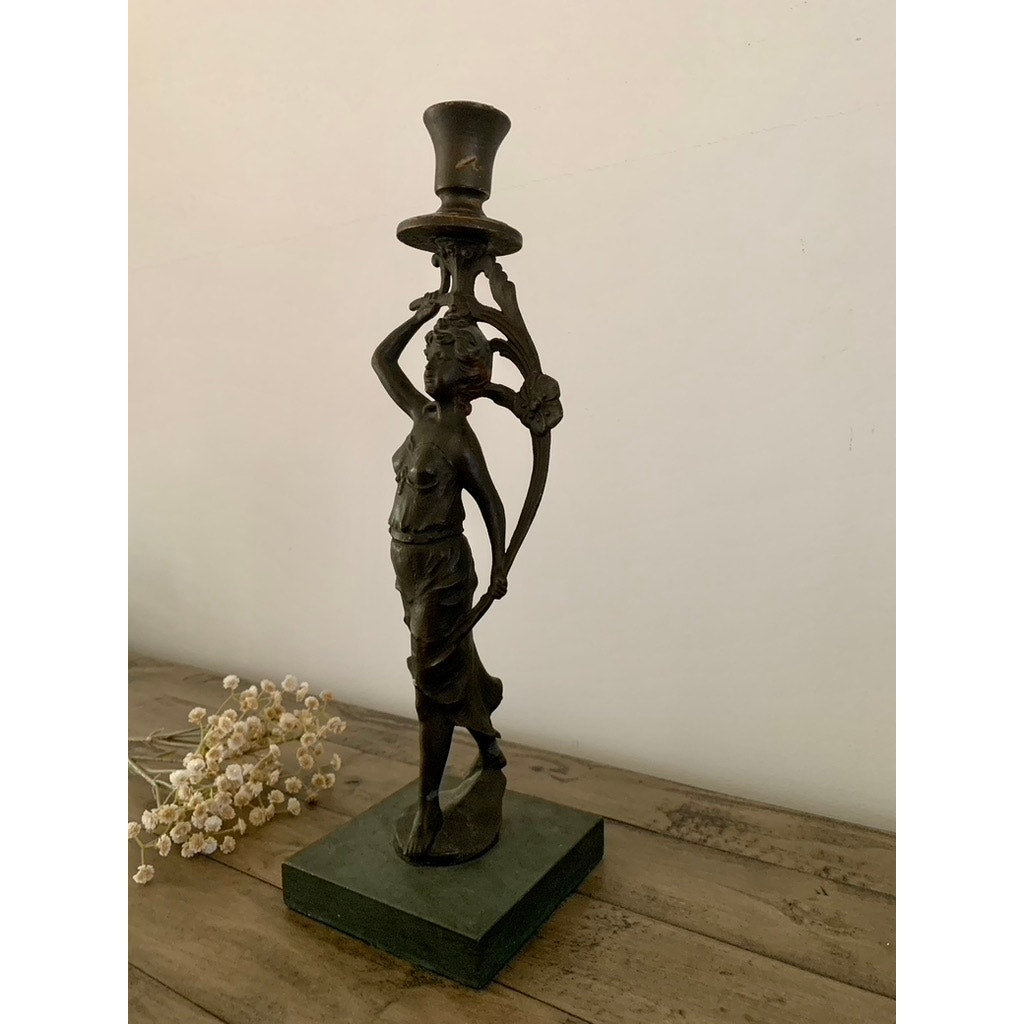 Antique Art Nouveau Bronze Lady Figure Candelabra Statue Romantic Dark Old Money