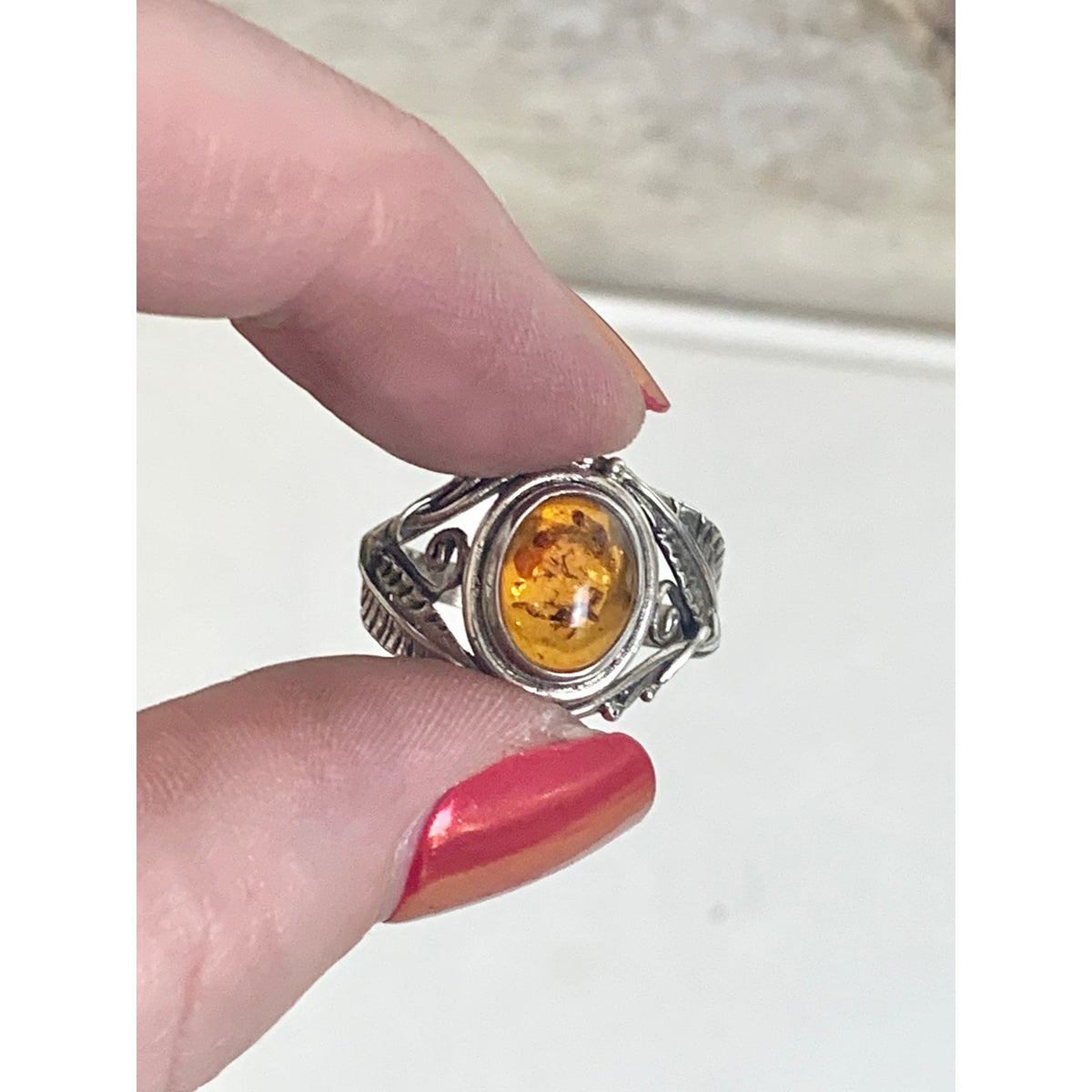Vintage Sterling Silver Amber Ring Botanical Leaf Filigree Jewelry Boho Southwestern