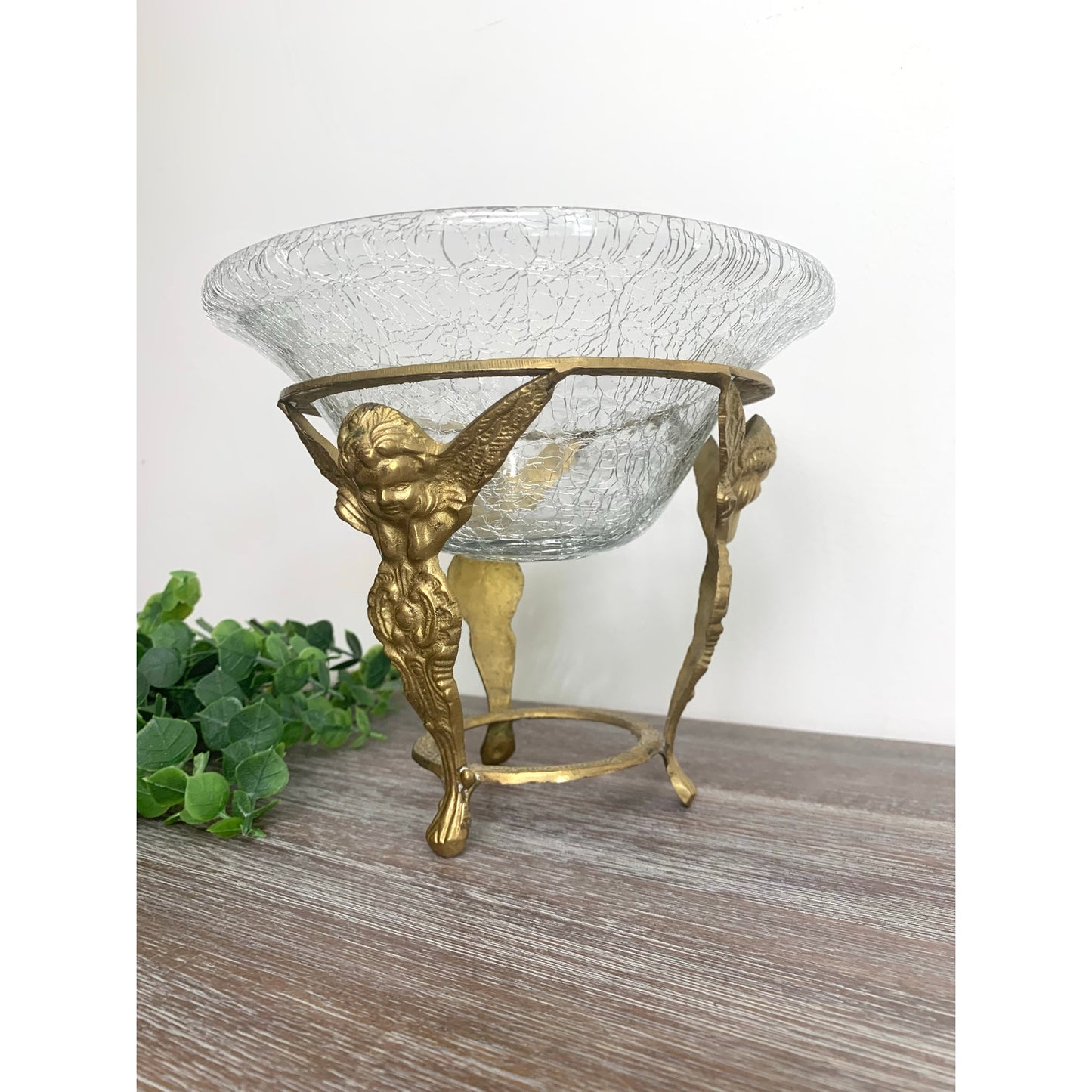 Vintage Brass Pedestal with Crackle Glass Bowl Angel Cherub Candle Votive Vase