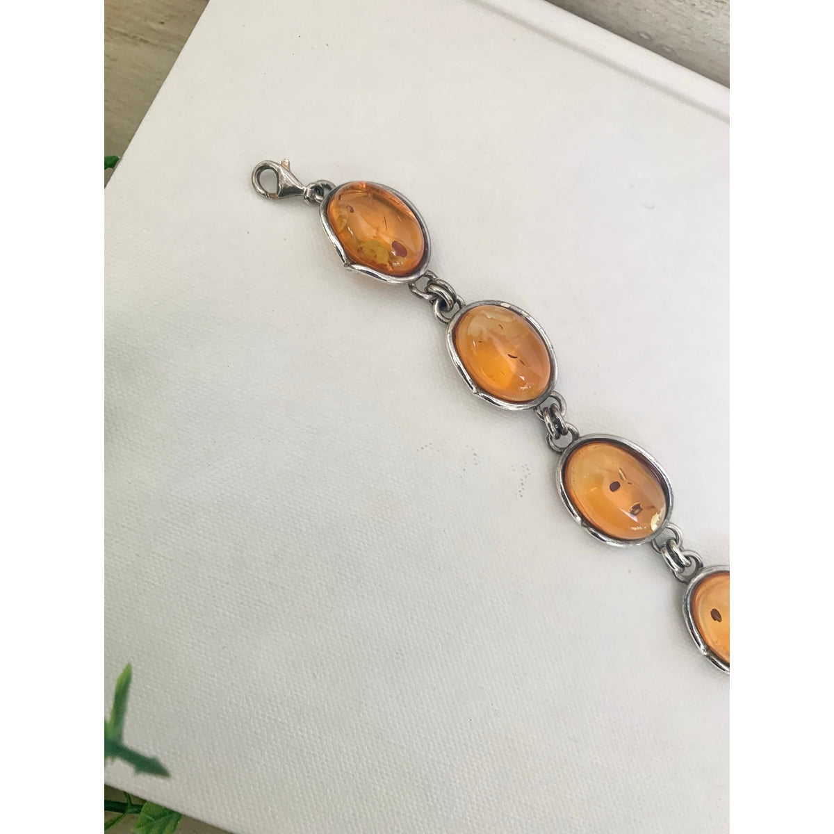 Vintage 925 Sterling Silver Amber Bracelet Six Stone Oval Link Jewelry Boho Southwestern