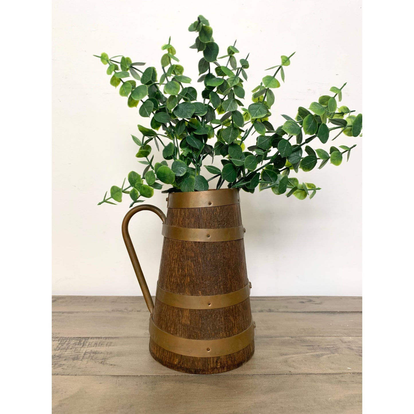 Antique Staved Wood Pitcher Copper Bands Handle Rustic Jug Vase Farmhouse