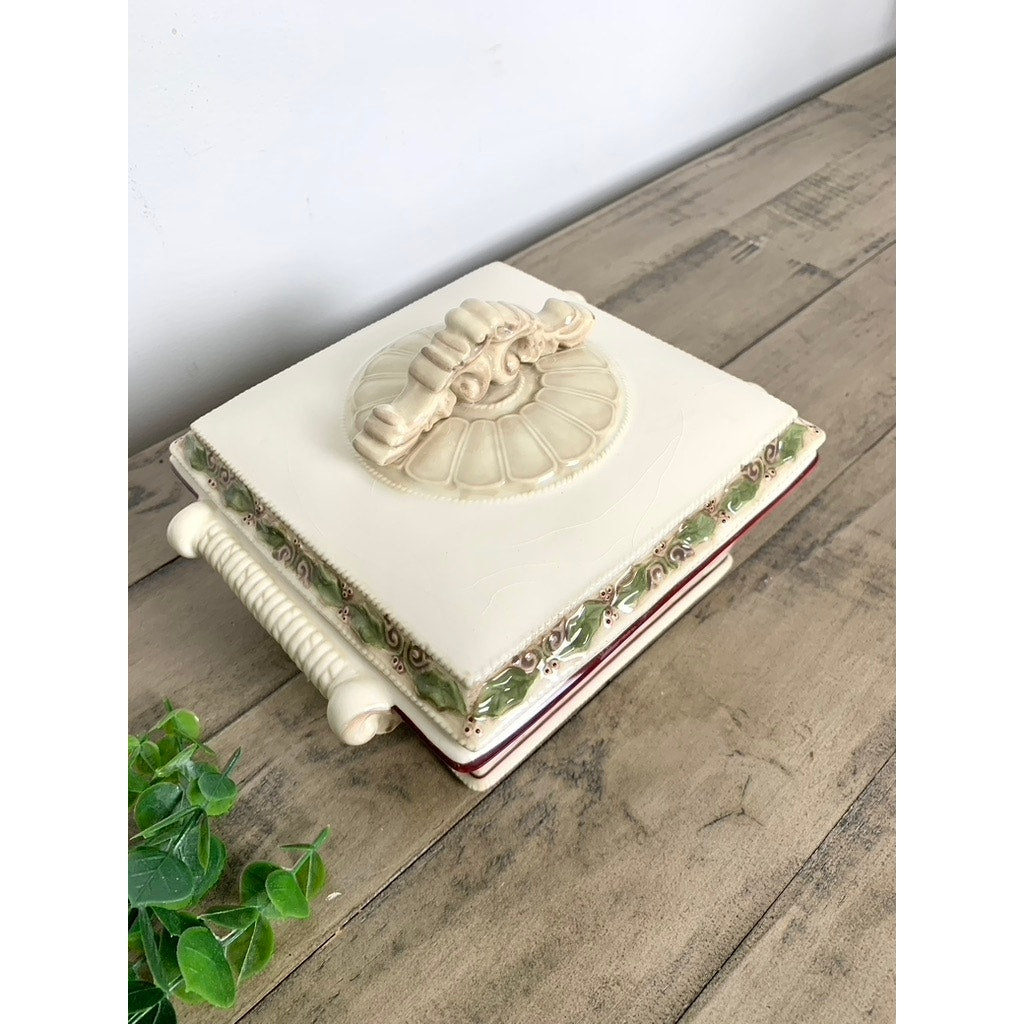 Vintage Ceramic Christmas Lidded Serving Dish with Holly Trim Holiday Tableware