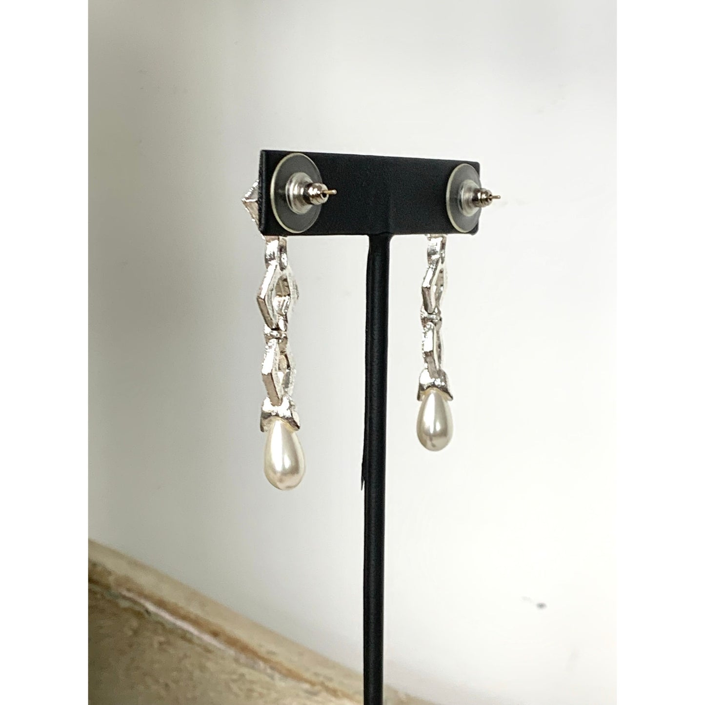 Vintage Silvertone Rhinestone Faux Pearl Drop Earrings Geometric Bridal Dangle