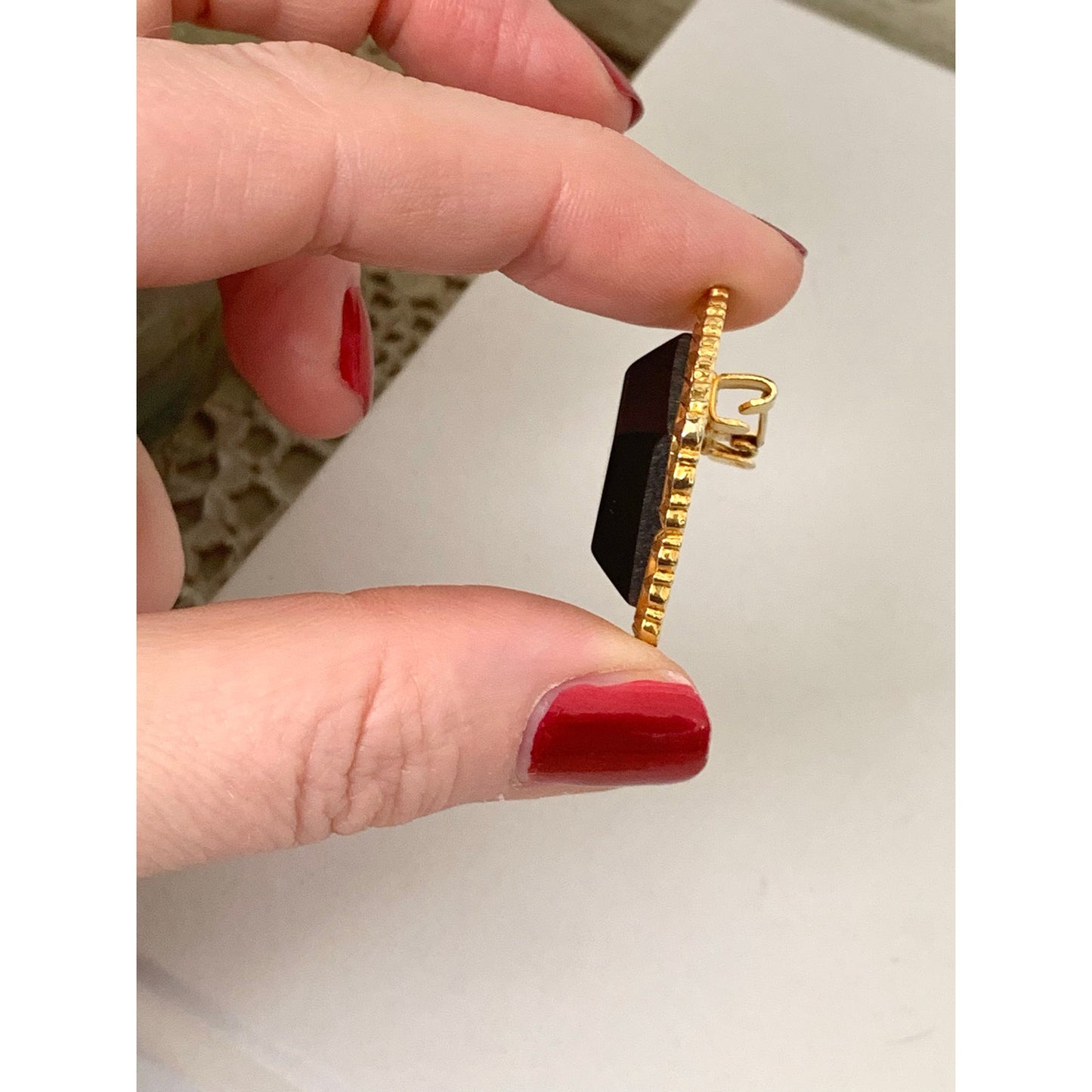 Bold Faceted Black Glass Brooch in Textured Gold Tone Frame Square Statement Pin Elegant