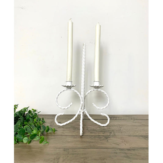 Vintage White Twisted Metal Double Candle Holder Cottagecore Shabby Chic Candelabra