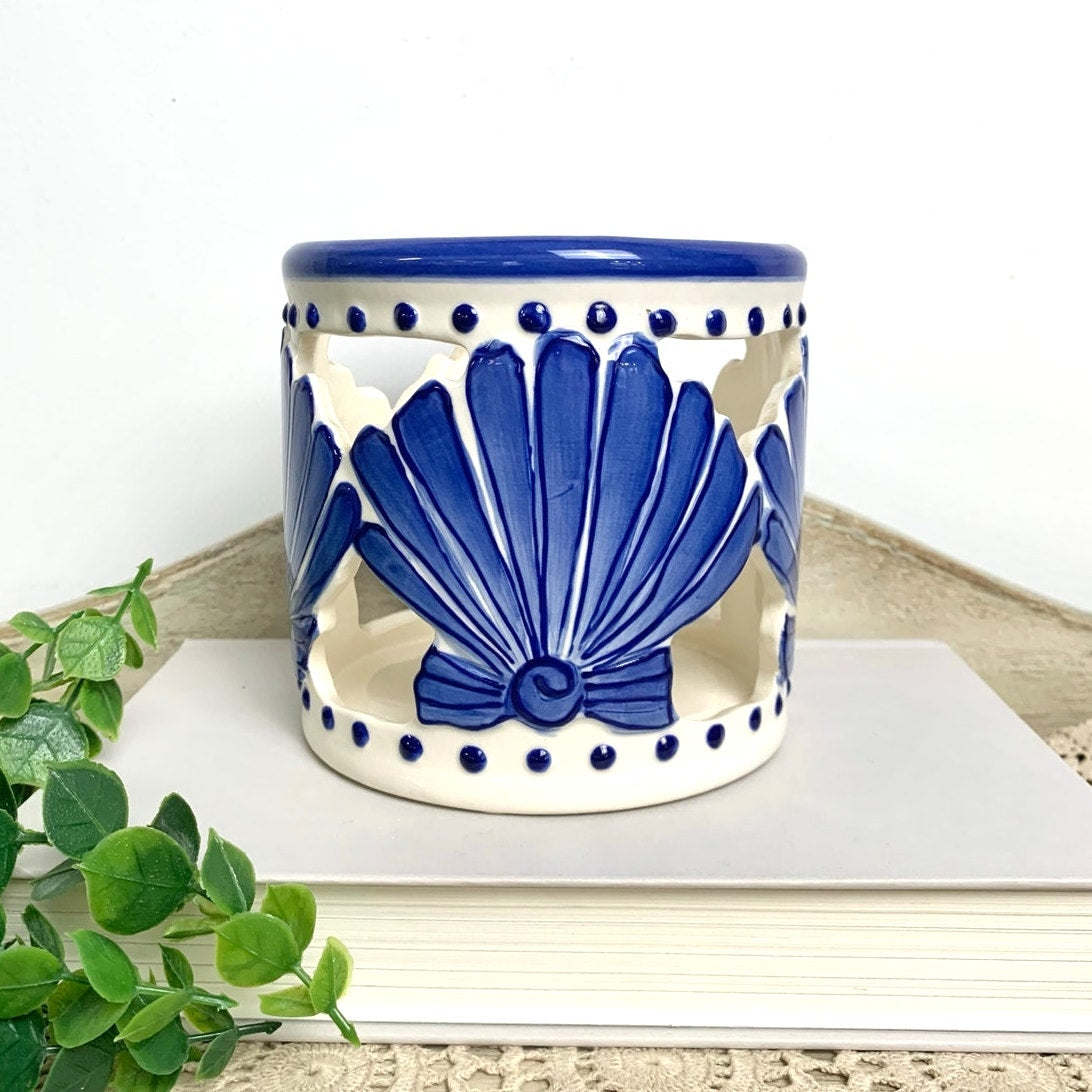 Vintage Blue and White Coastal Shell Candle Holder Ceramic Cutout Beach Votive