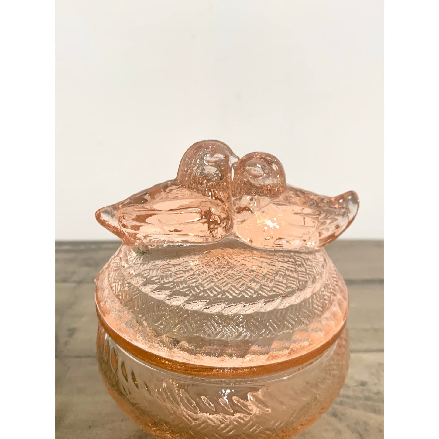 Vintage Pink Depression Glass Lovebirds Covered Candy Dish Romantic Glass Vanity Jar Trinket Box