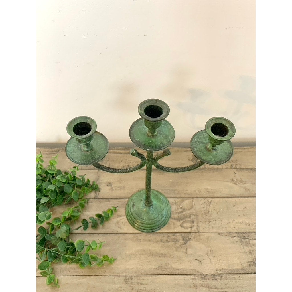 Vintage Verdigris Twisted Metal Candelabra – Green Triple Candle Holder Aged Patina Old World Christmas