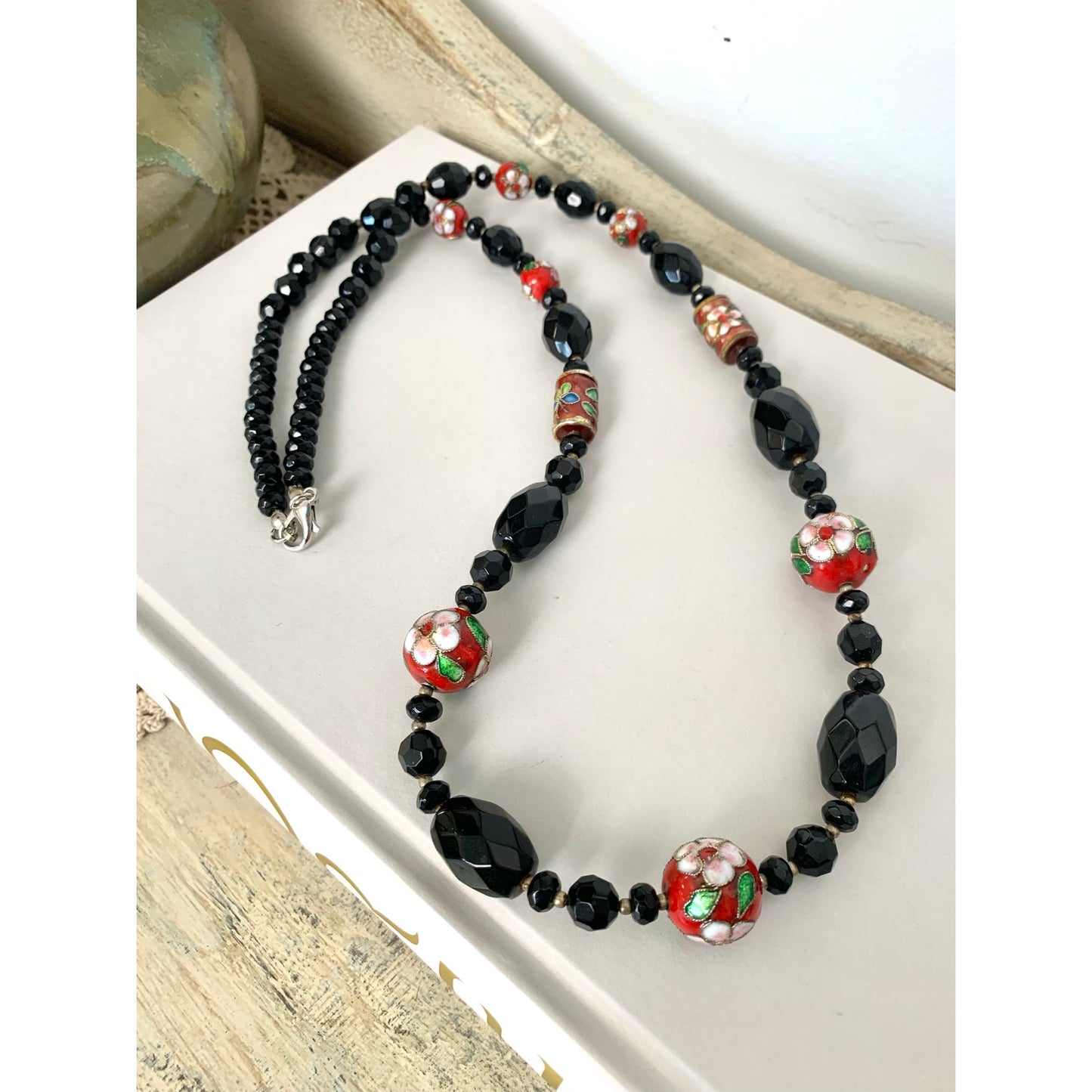 Vintage Cloisonne Beaded Necklace Black Faceted Glass Floral Red Enamel Statement