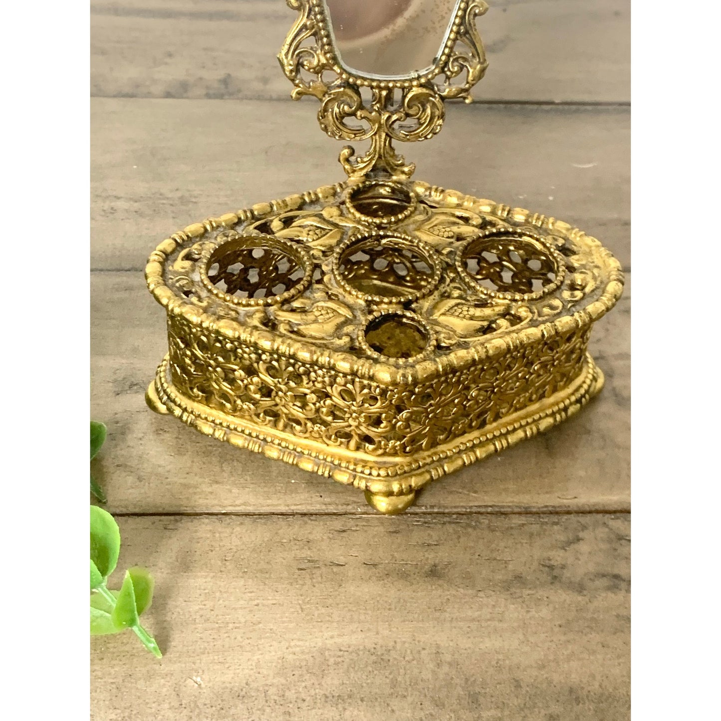 Vintage Ornate Gold Filigree Lipstick Holder Vanity Mirror Footed Hollywood Regency