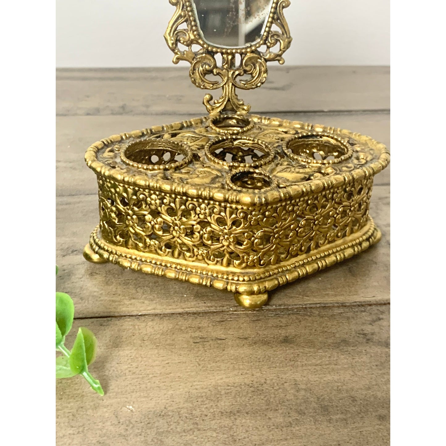 Vintage Ornate Gold Filigree Lipstick Holder Vanity Mirror Footed Hollywood Regency