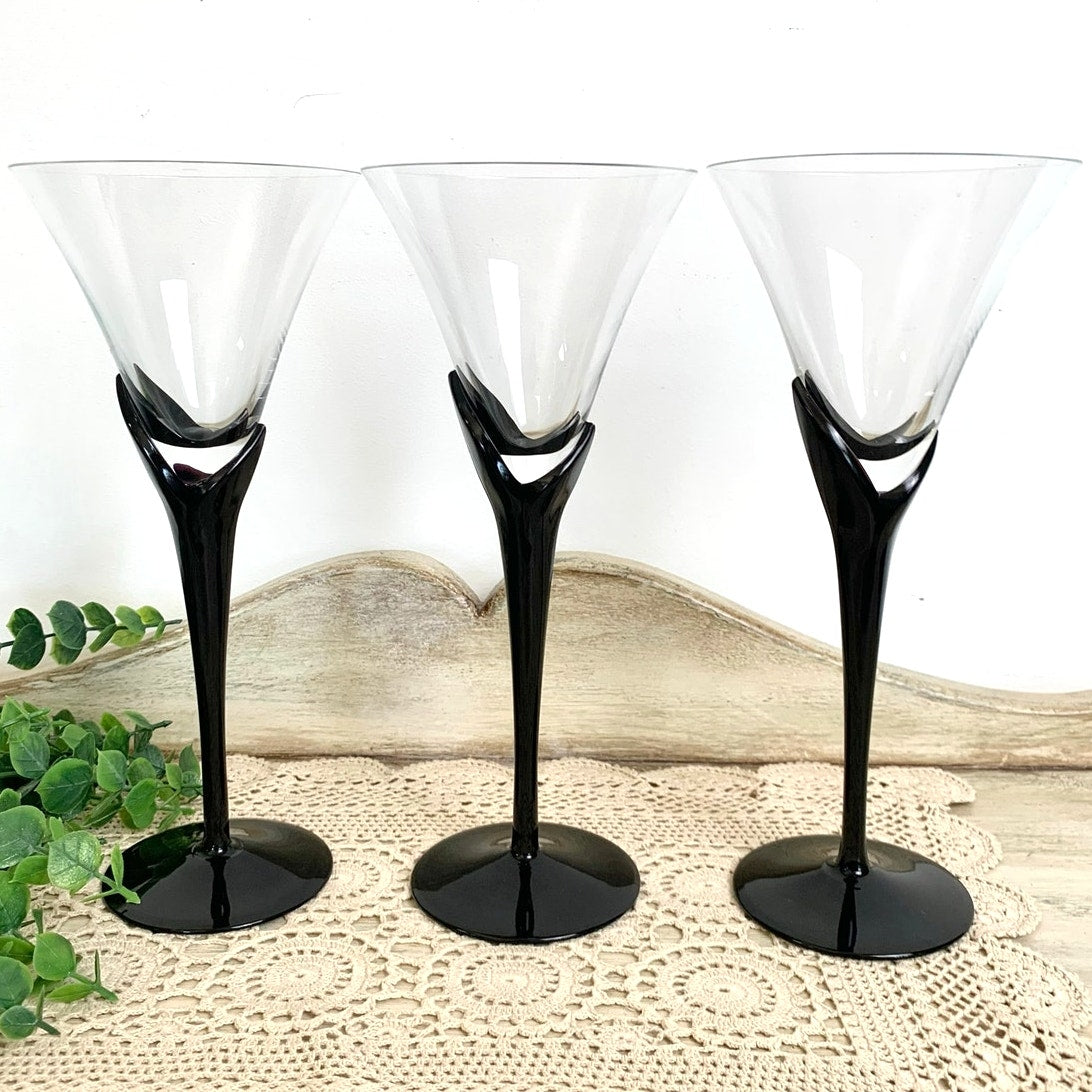 Vintage Mikasa Vogue Onyx Martini Glasses Set of 3 Black Stem Cocktail Glasses Barware Elegant