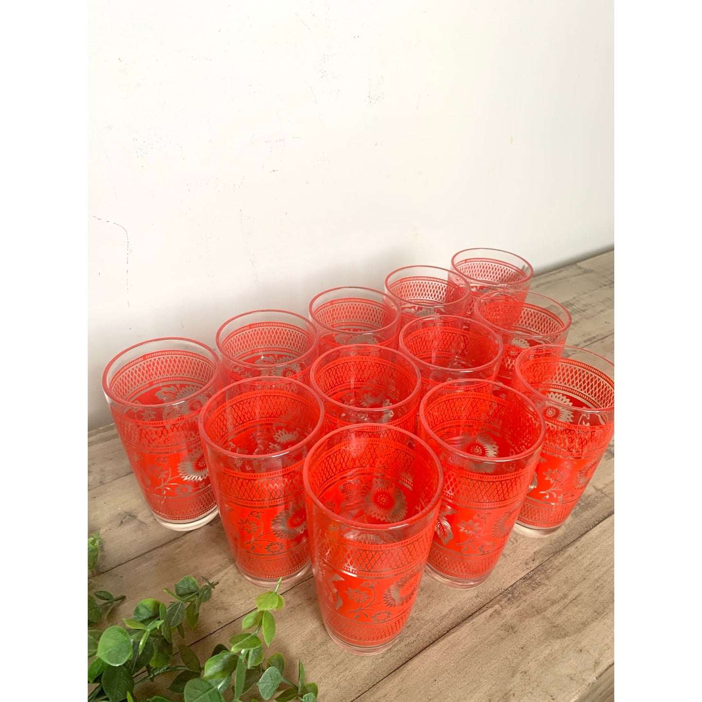 Vintage Mid Century Barware Glasses 12pc Retro Floral Red Drinkware Boho Cottage