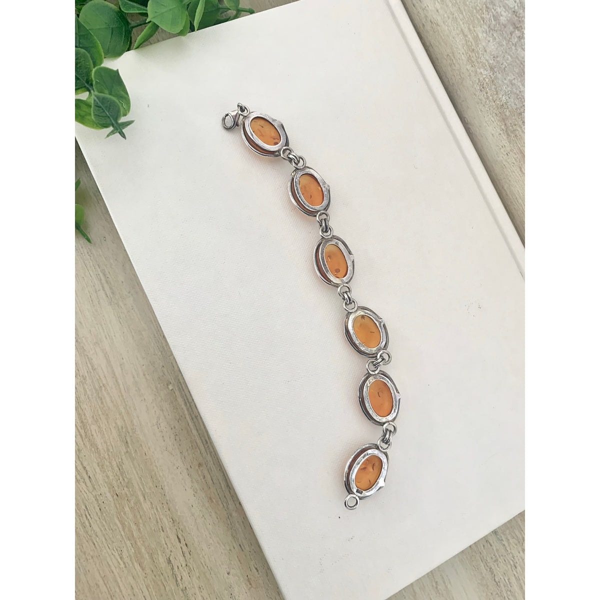 Vintage 925 Sterling Silver Amber Bracelet Six Stone Oval Link Jewelry Boho Southwestern