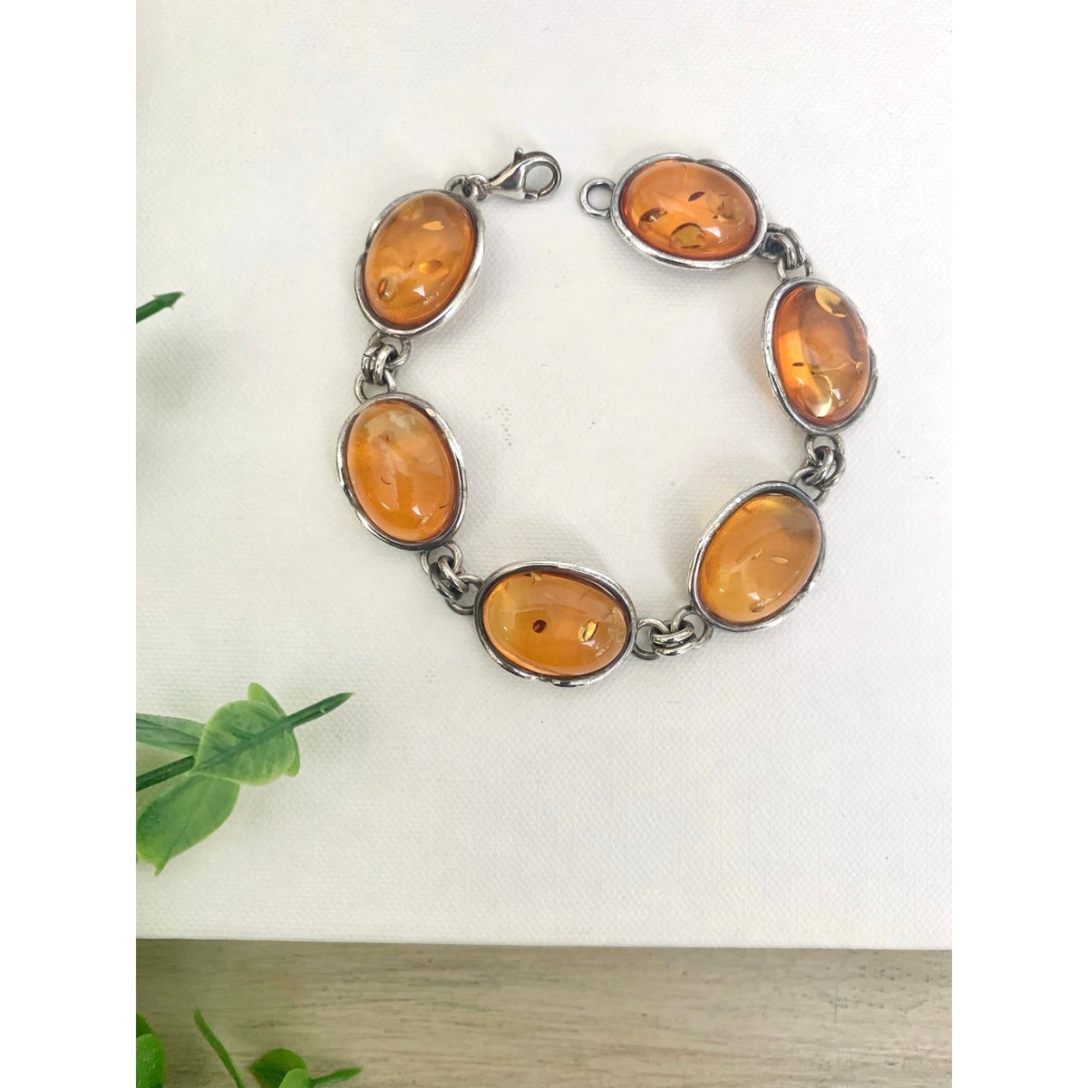Vintage 925 Sterling Silver Amber Bracelet Six Stone Oval Link Jewelry Boho Southwestern