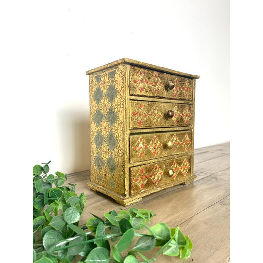 Vintage Italian Florentine Gilt Jewelry Chest Gold Leaf 4-Drawer Box Ornate Vanity Box