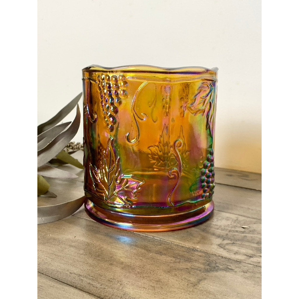 Vintage Iridescent Carnival Glass Votive Holder with Grape & Leaf Motif Marigold