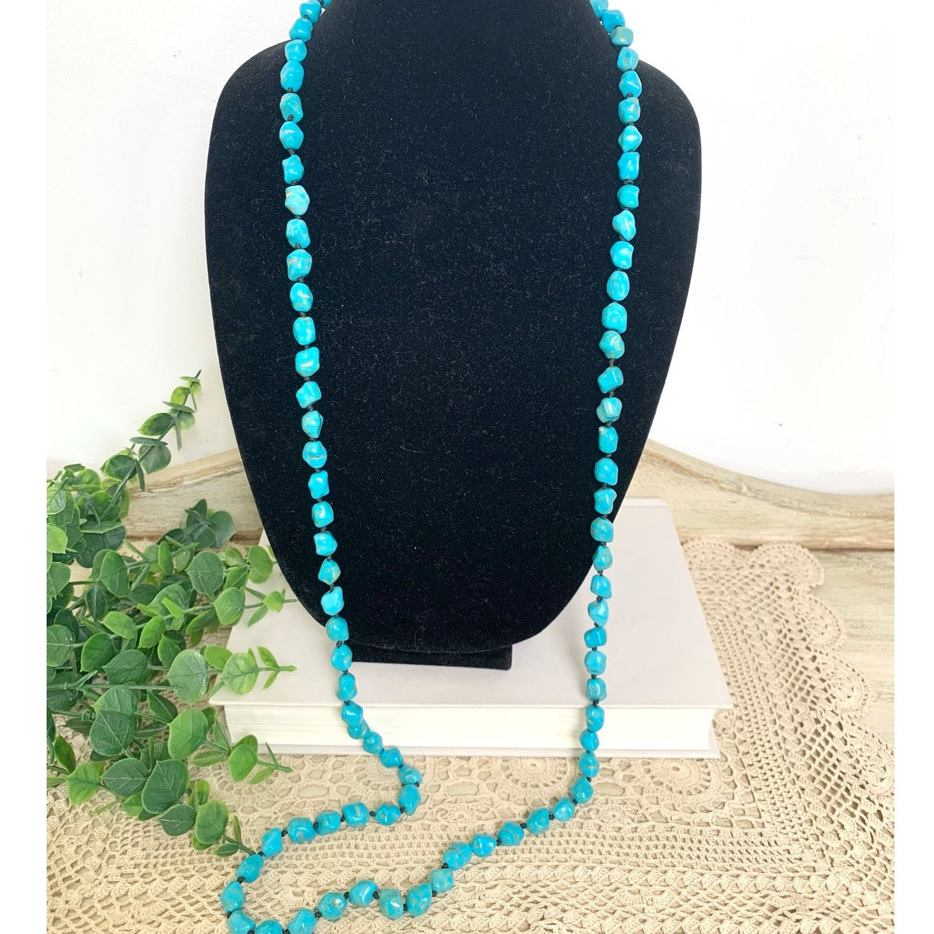 Blue Turquoise Nugget Beaded Necklace Long Vintage Southwestern Boho Jewelry 46"