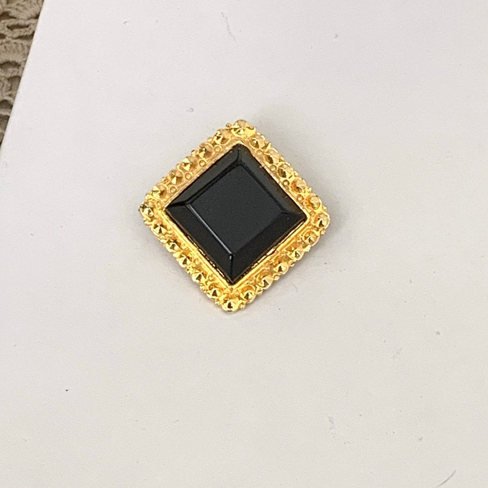 Bold Faceted Black Glass Brooch in Textured Gold Tone Frame Square Statement Pin Elegant