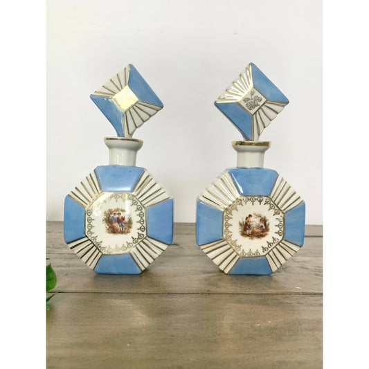 Antique Bavaria Porcelain Perfume Bottles Set of 2 Blue Gold Courting Scene Vintage Vanity Edwardian Art Deco Regency