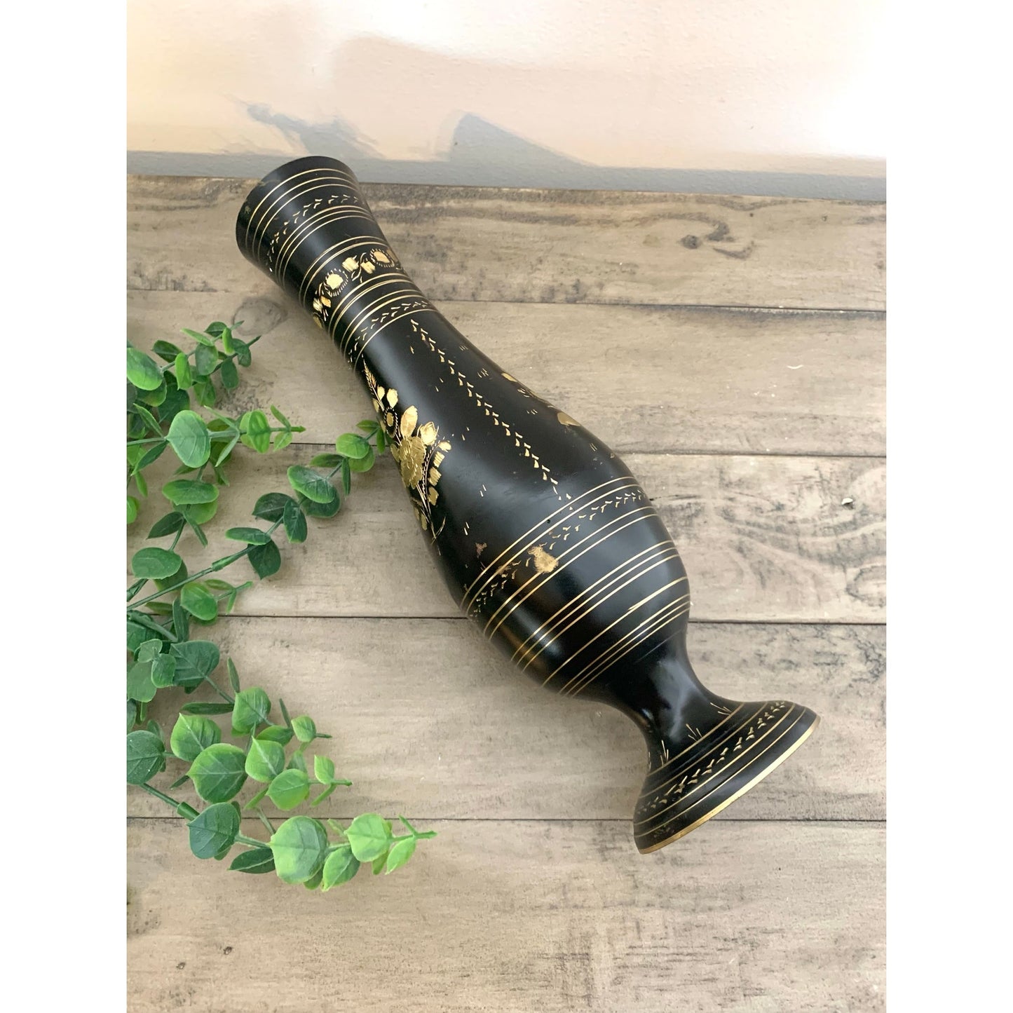 Vintage Black and Gold Etched Brass Metal Floral Pedestal Vase Boho Glam Moody