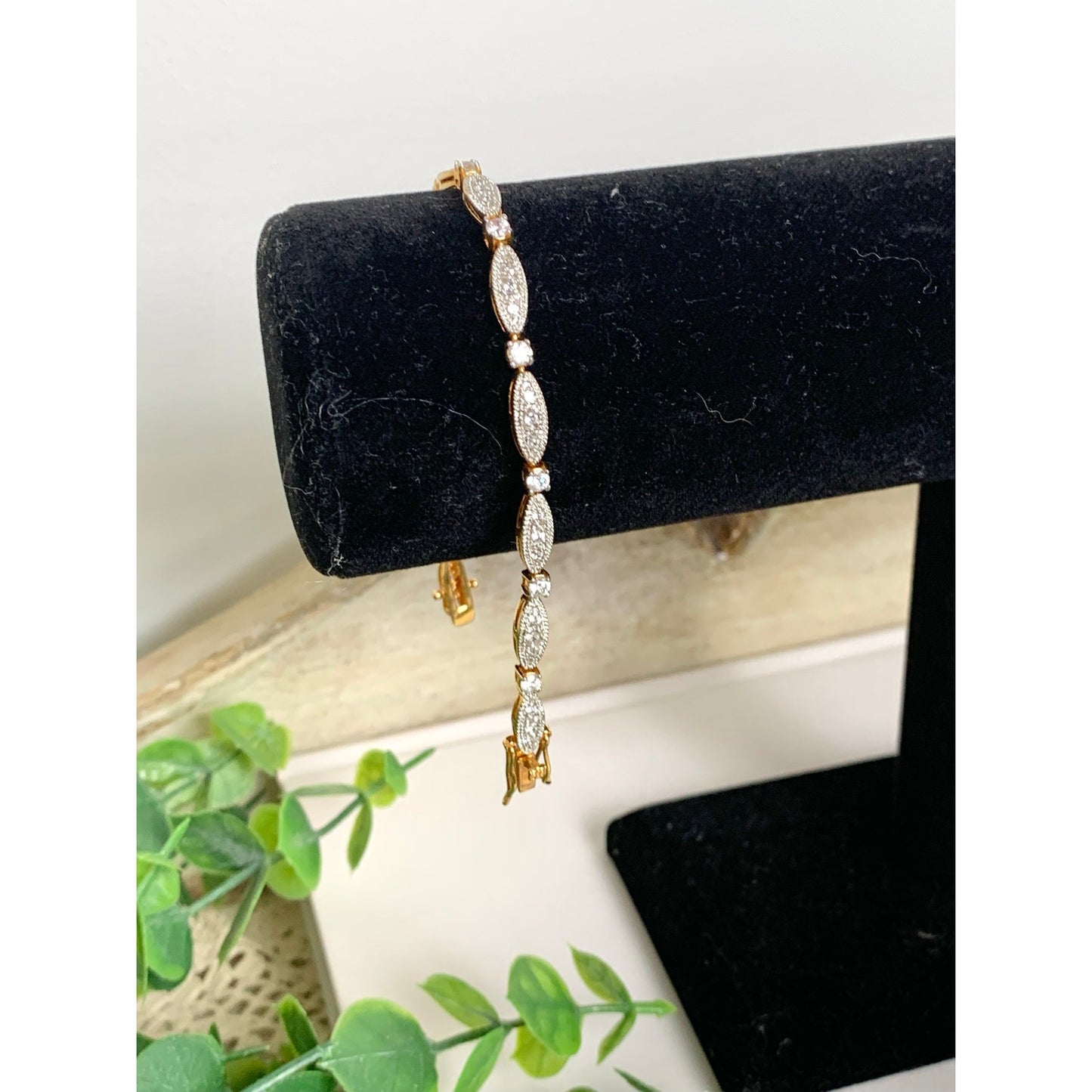 Vintage Goldtone Rhinestone Tennis Bracelet Art Deco Style Crystal Glam Jewelry