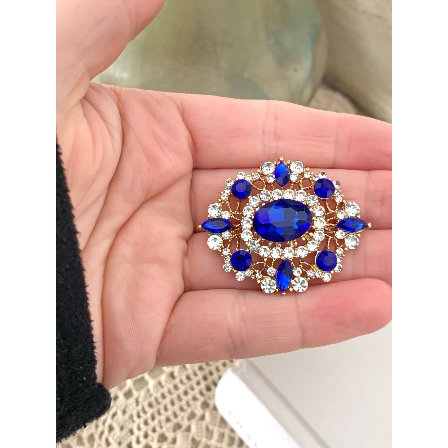 Blue Glass Rhinestone Statement Brooch Goldtone Clear Accents Romantic Vintage Style
