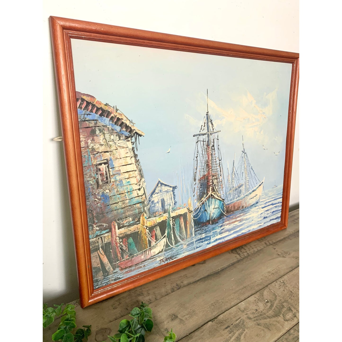 Vintage Oil Painting on Canvas Nautical Art Harbor with Boats Signed Seascape