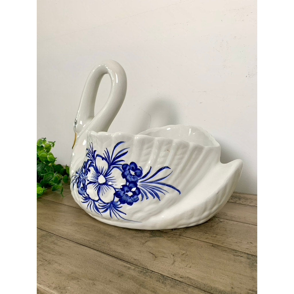 Vintage Portuguese Hand-Painted Ceramic Large Swan Planter Blue & White Cottage