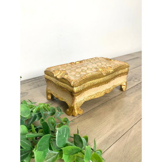 Vintage Italian Florentine Gilt Trinket Box with Feet Jewelry Holder Decorative Vanity Box Hollywood Regency