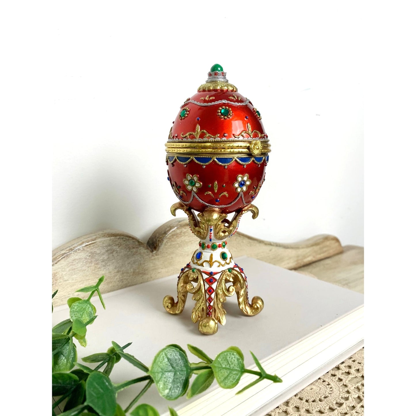 Vintage Faberge Style Red Enamel Egg Trinket Box Jeweled Pedestal Jewelry Box