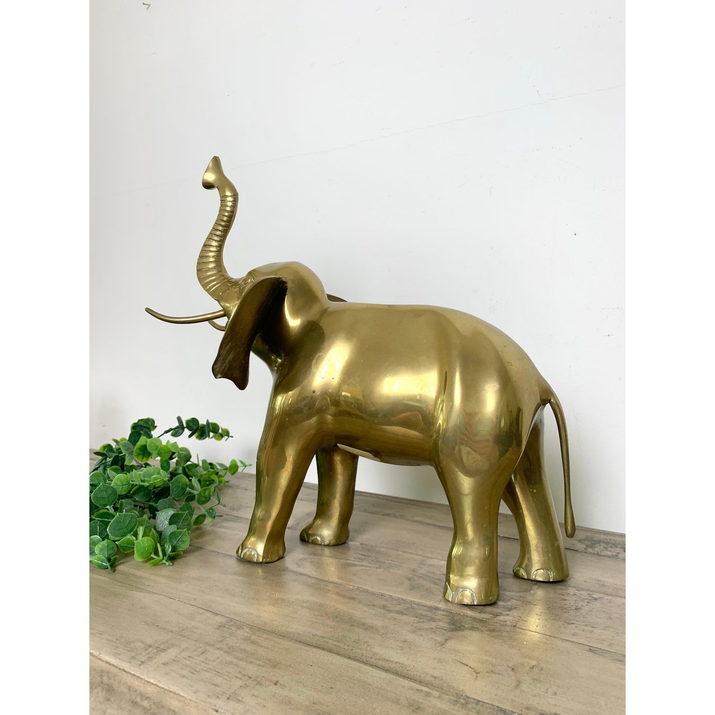 Vintage Solid Brass Elephant Statue with Raised Trunk Mid Century Animal Figure