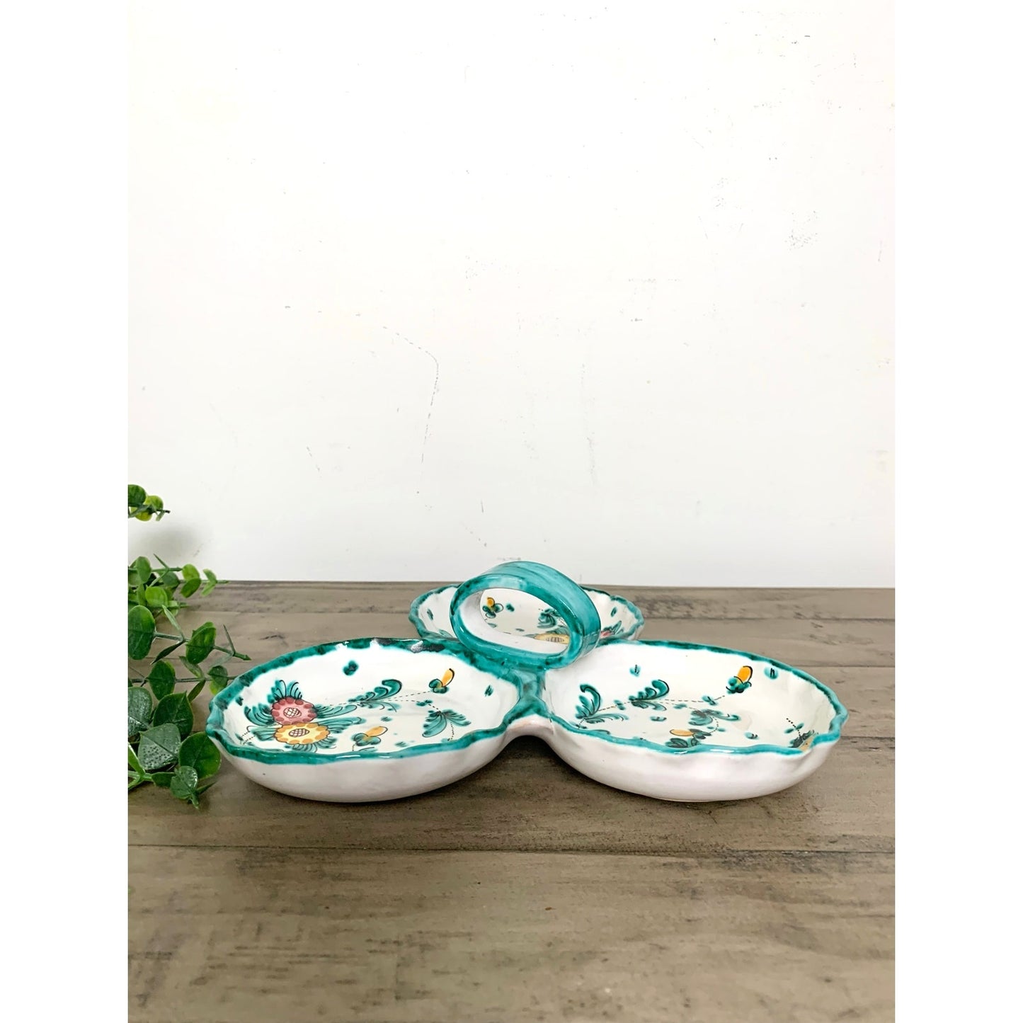 Vintage Hand Painted Italian Pottery Ceramic Serving Dish w Handle Signed Italy