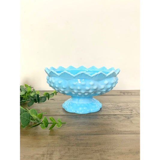 Vintage Fenton Blue Slag Glass Hobnail Candle Holder Flower Frog Pedestal Bowl