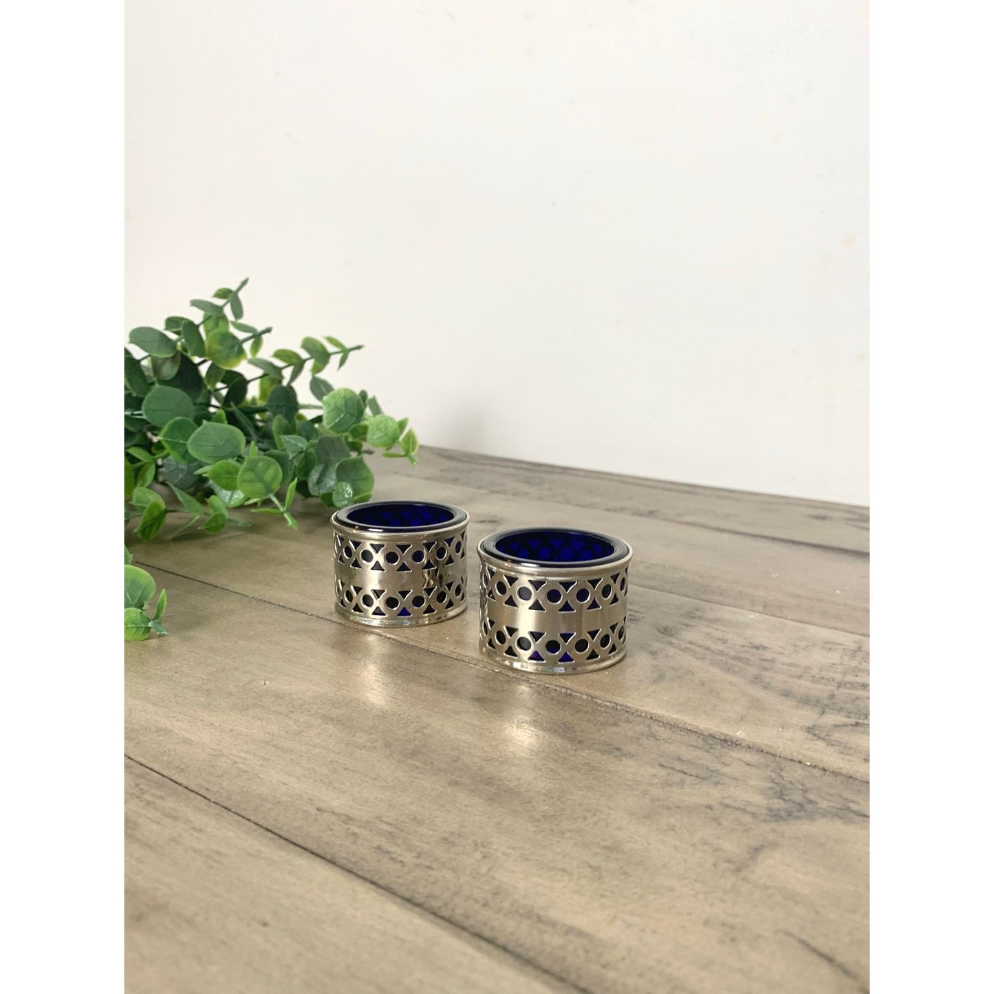 Vintage Silver EPNS Cobalt Blue Glass Salt Cellars Pair Ornate Made in England