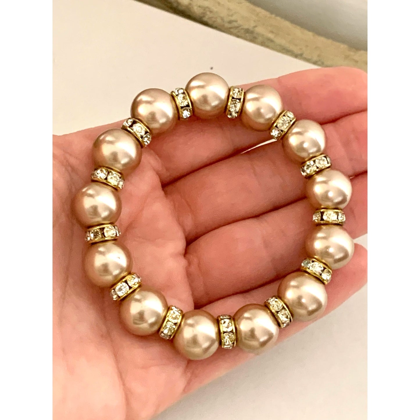 Blush Faux Pearl Stretch Beaded Bracelet Rhinestone Spacer Elegant Feminine