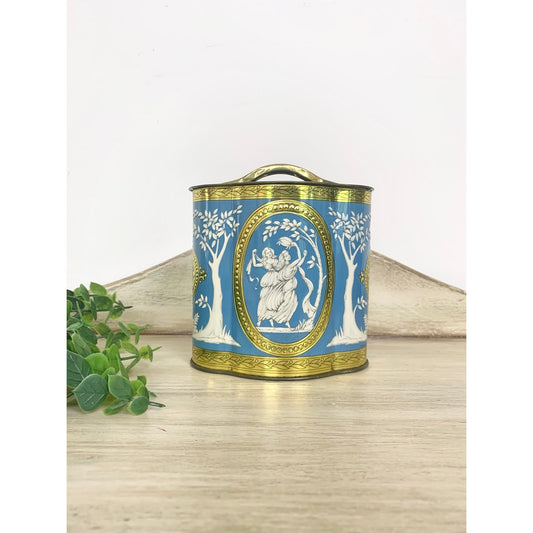 Vintage Tin Canister Murray Allen Grecian Figural Blue Gold Made in England Victorian Style