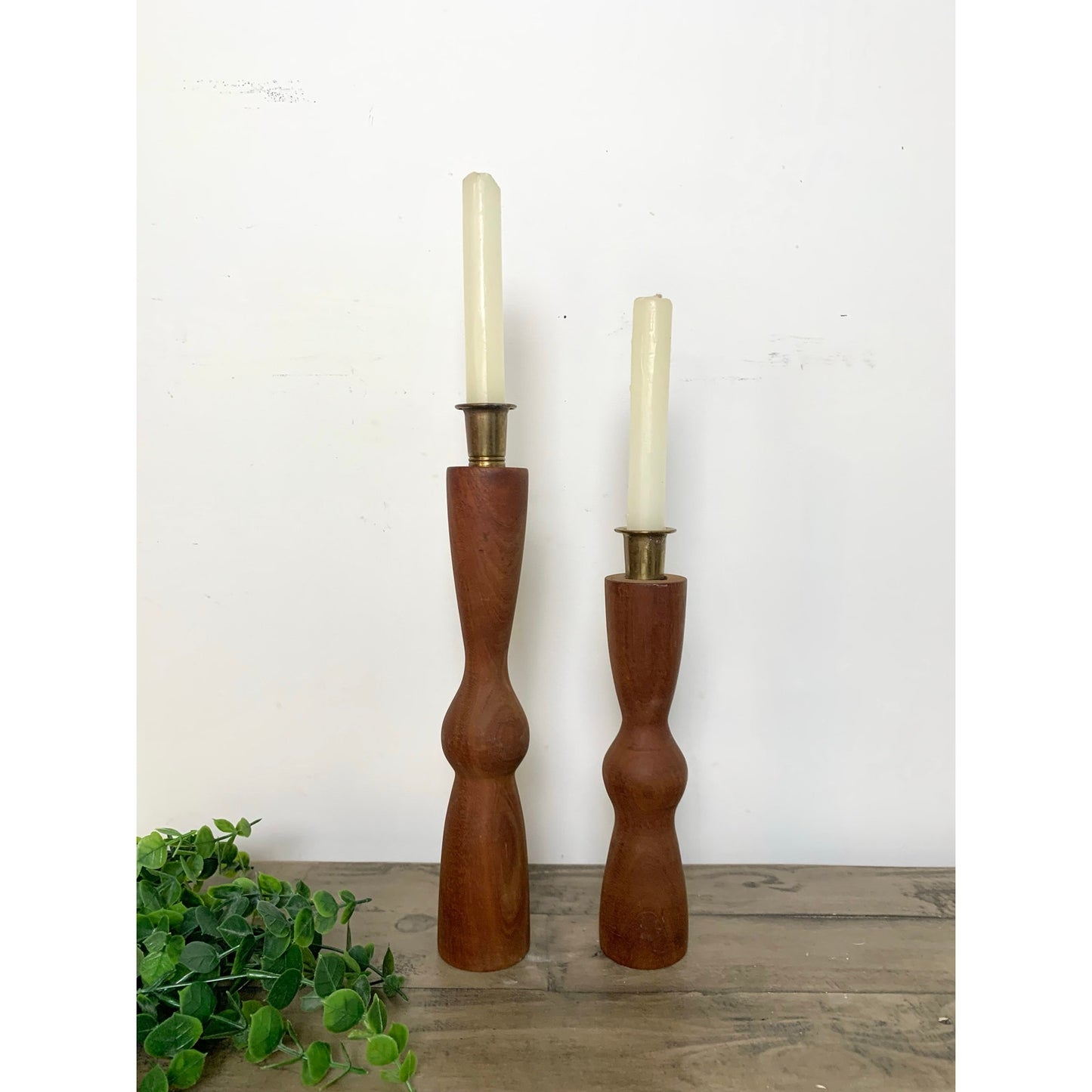 Pair of Vintage Mid Century Modern Wood Candlesticks with Brass Holders Cottage