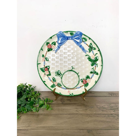 Vintage Haldon Group Japan Ceramic Serving Platter Basketweave Blue Bow 12.125” Holiday Cottagecore