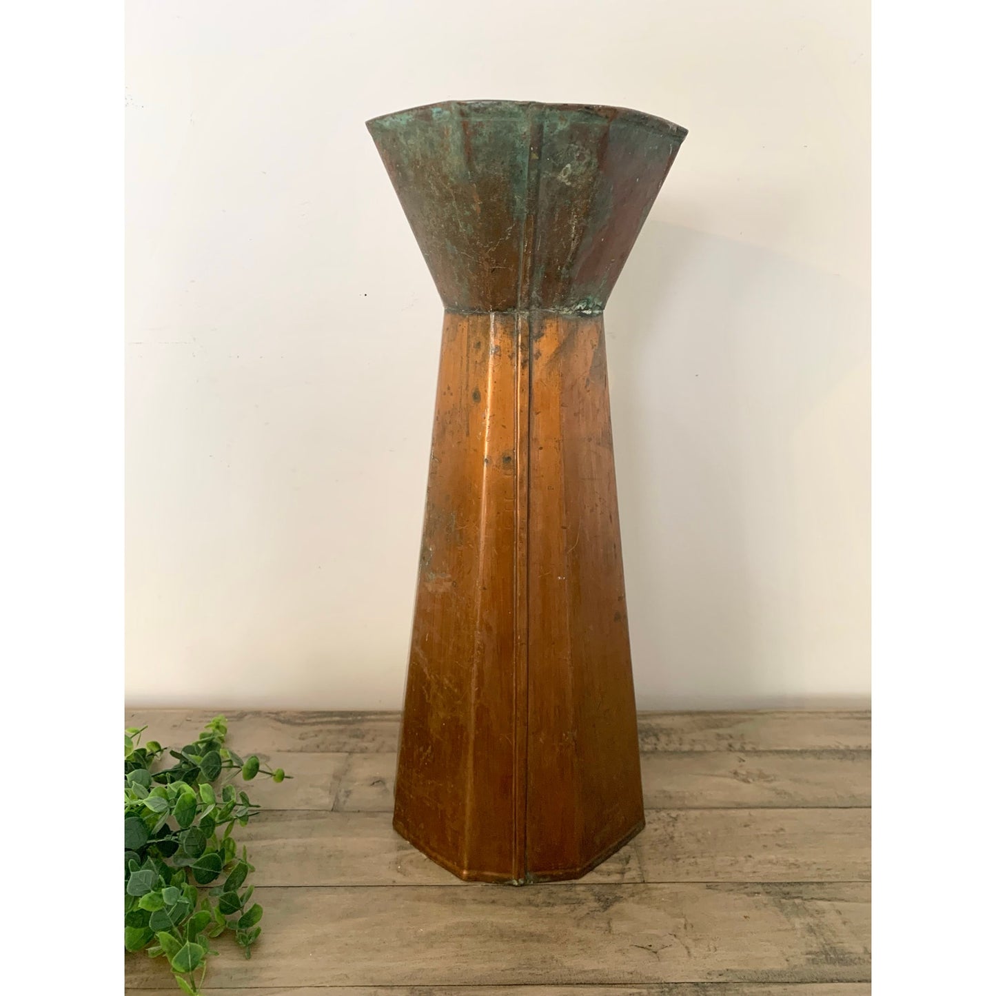 Vintage Copper Vase with Natural Verdigris Patina Large Statement Vessel Rustic