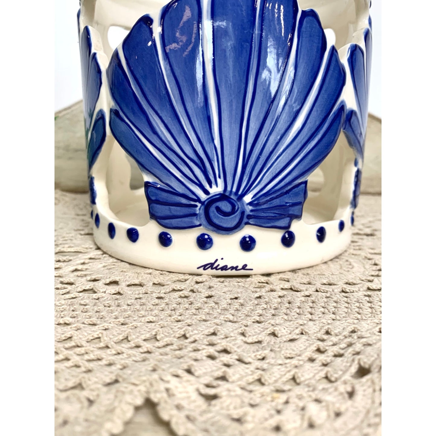 Vintage Blue and White Coastal Shell Candle Holder Ceramic Cutout Beach Votive