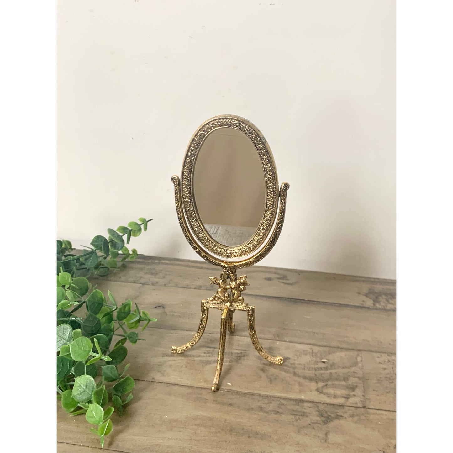 Vintage Gold Metal Tabletop Vanity Mirror Ornate Cherub Hollywood Regency Gilt