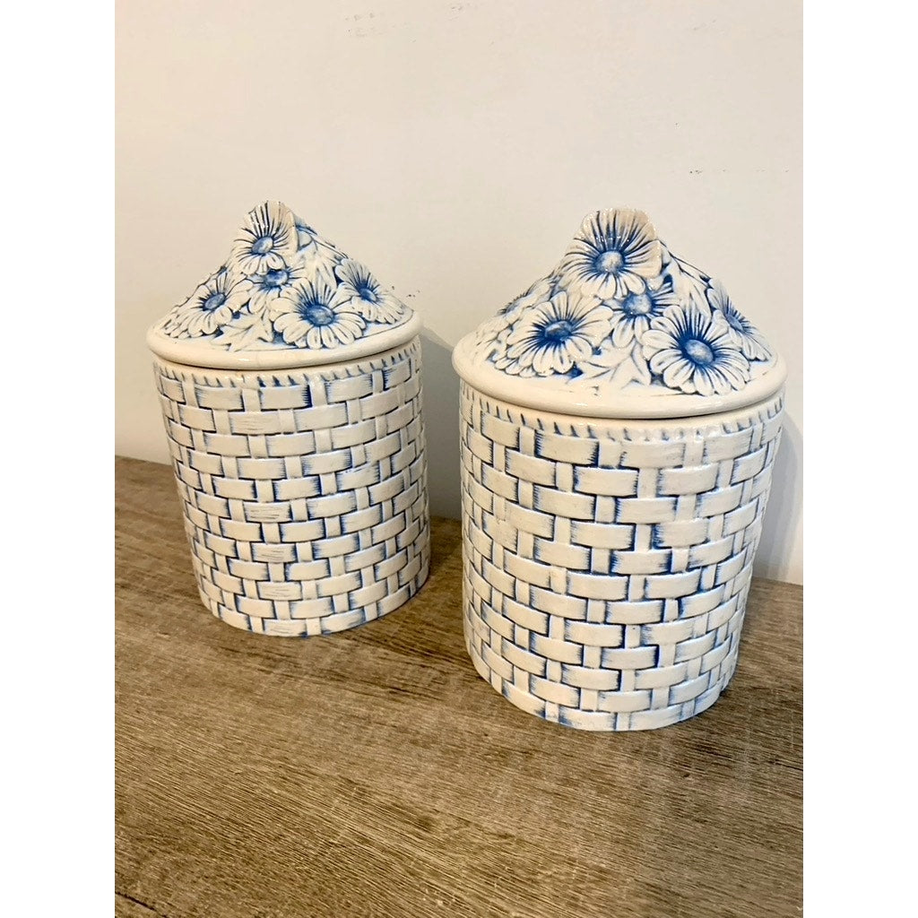 Vintage Lefton Blue & White Daisy Canisters - Set of Two Vintage Kitchen