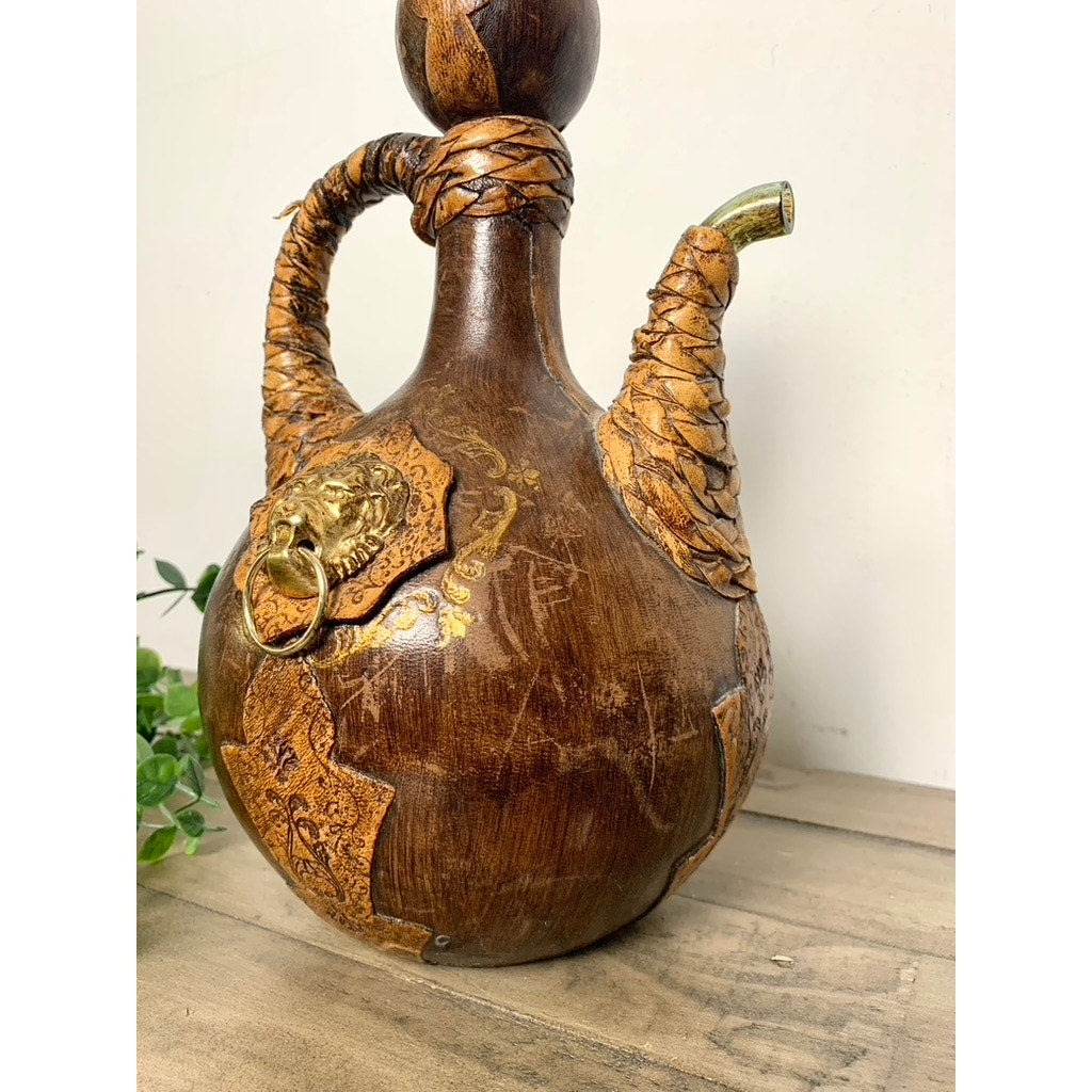 Vintage Italian Leather Lion Head Decanter Bottle Brass Ring Stopper Old Money