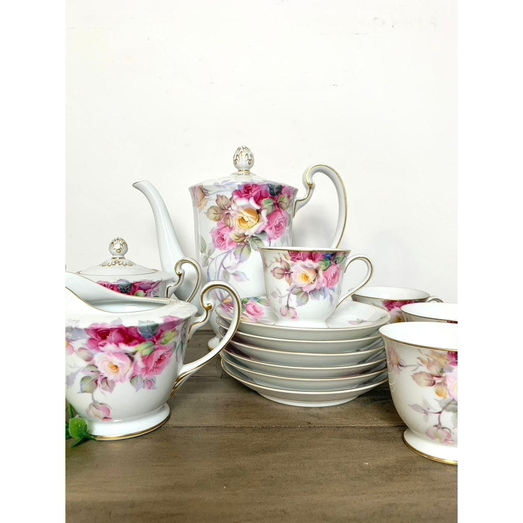 Vintage Noritake China Tea Coffee Serving Set Maruki “M” Backstamp, Pink Rose Pattern