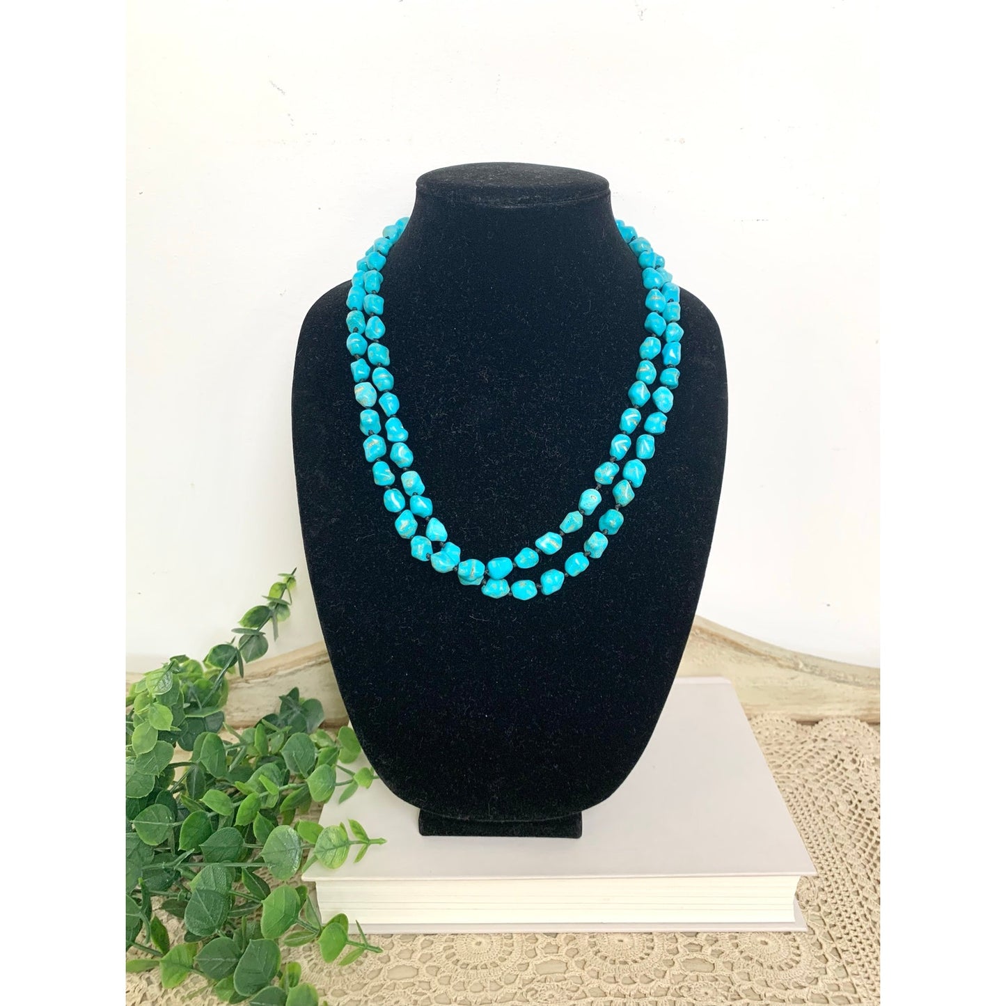 Blue Turquoise Nugget Beaded Necklace Long Vintage Southwestern Boho Jewelry 46"