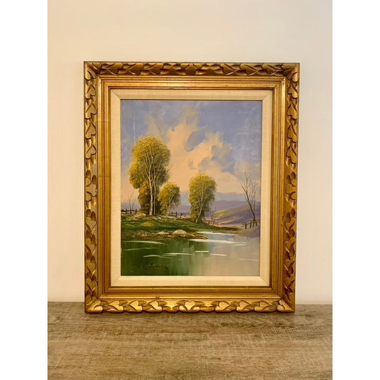 Vintage Signed Oil Painting - Serene Landscape - Framed Cottagecore Art